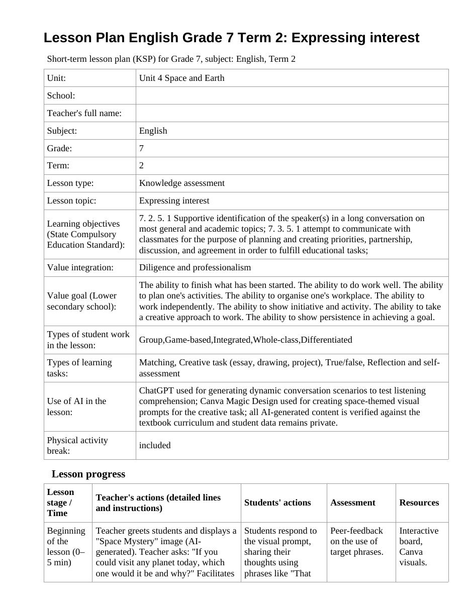 Lesson Plan English Grade 7 Term 2: Expressing interest