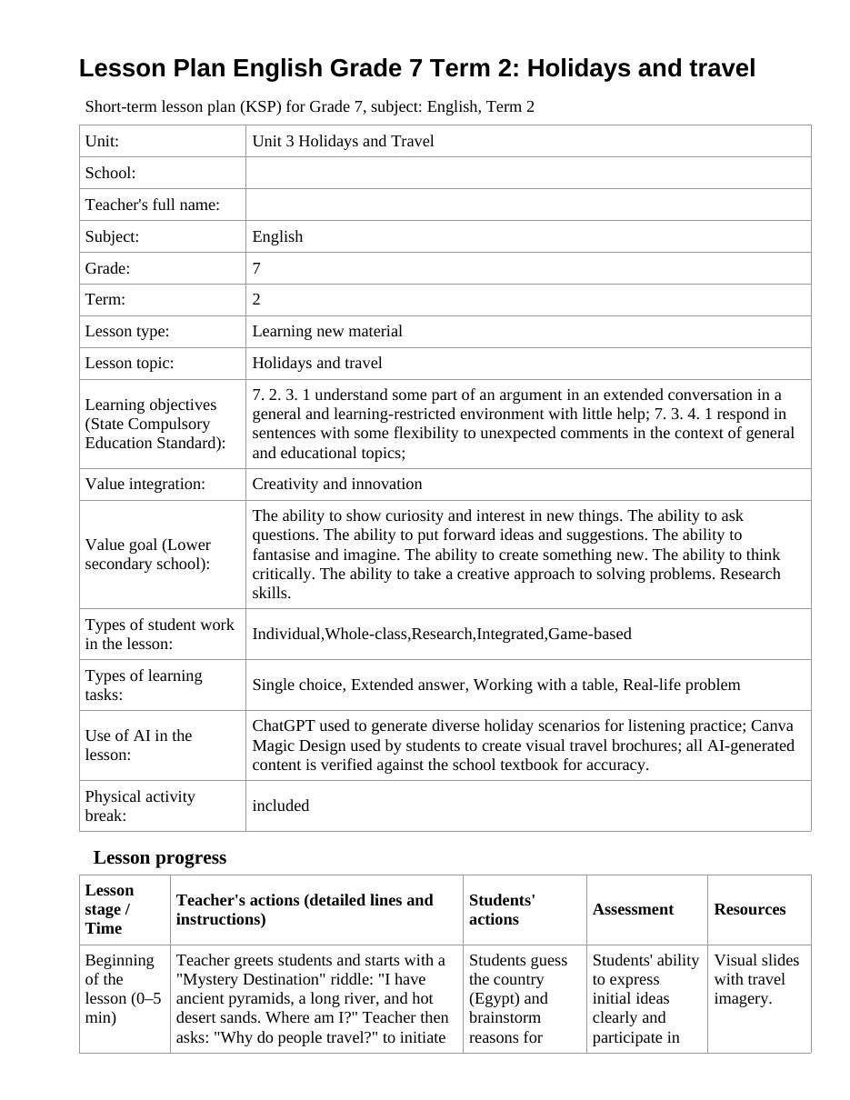 Lesson Plan English Grade 7 Term 2: Holidays and travel