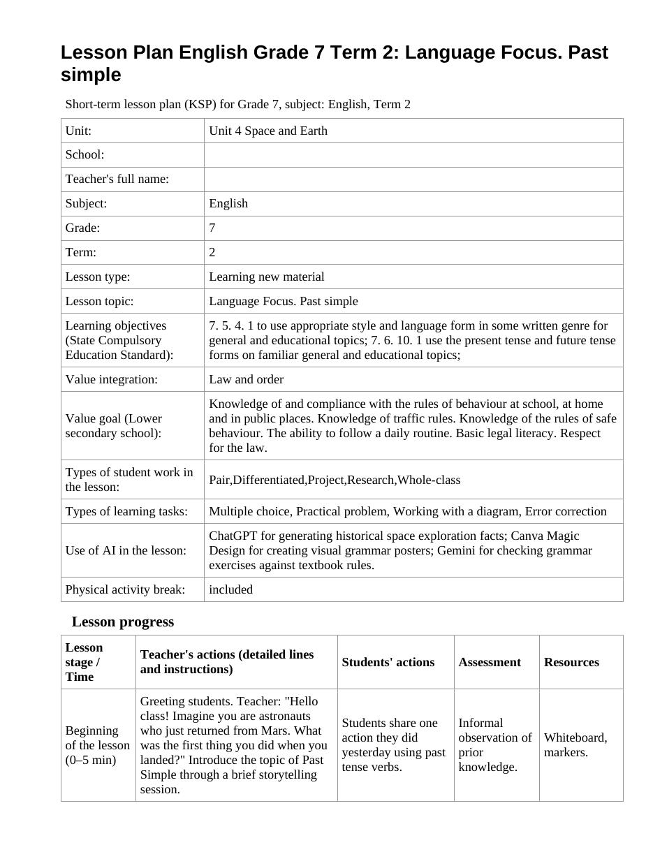 Lesson Plan English Grade 7 Term 2: Language Focus. Past simple