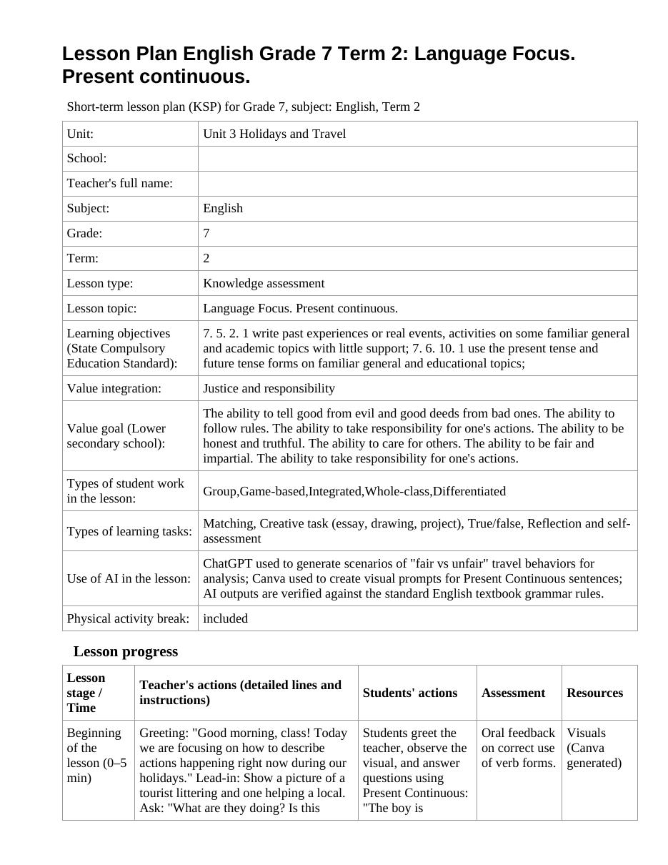 Lesson Plan English Grade 7 Term 2: Language Focus. Present continuous.