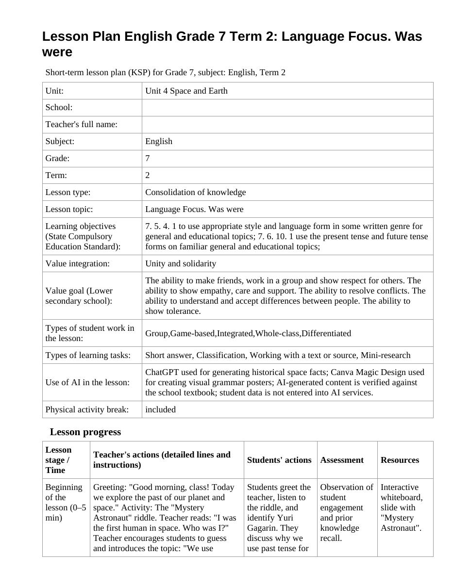 Lesson Plan English Grade 7 Term 2: Language Focus. Was were