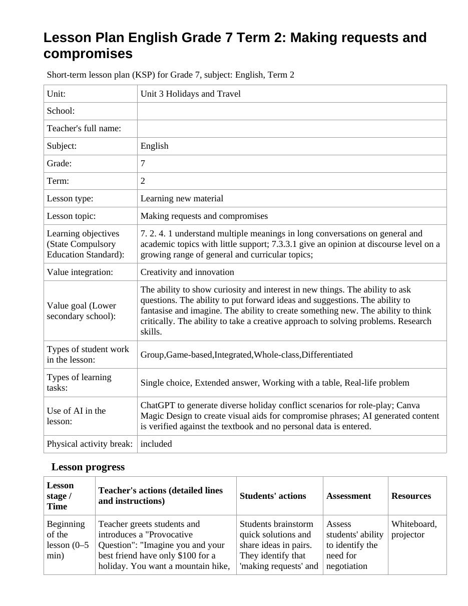 Lesson Plan English Grade 7 Term 2: Making requests and compromises