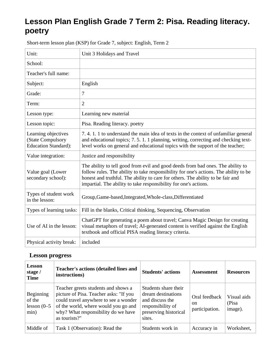 Lesson Plan English Grade 7 Term 2: Pisa. Reading literacy. poetry