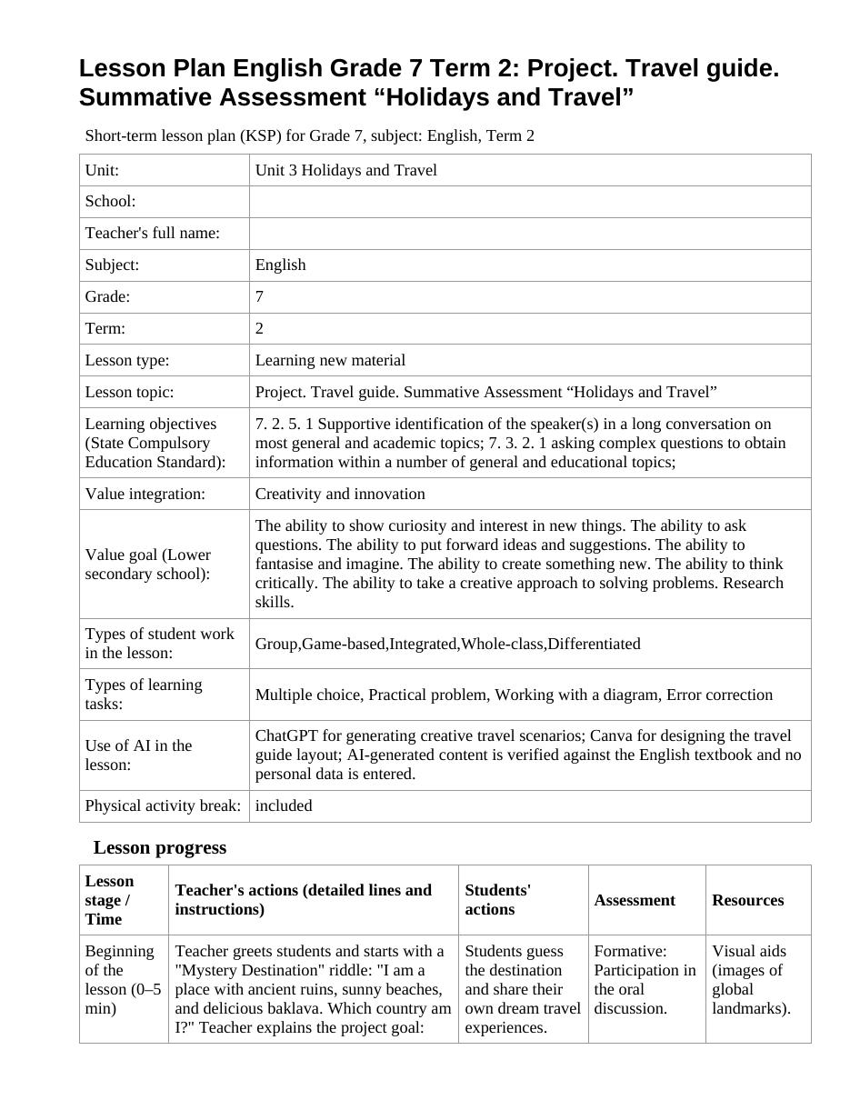 Lesson Plan English Grade 7 Term 2: Project. Travel guide. Summative Assessment “Holidays and Travel”