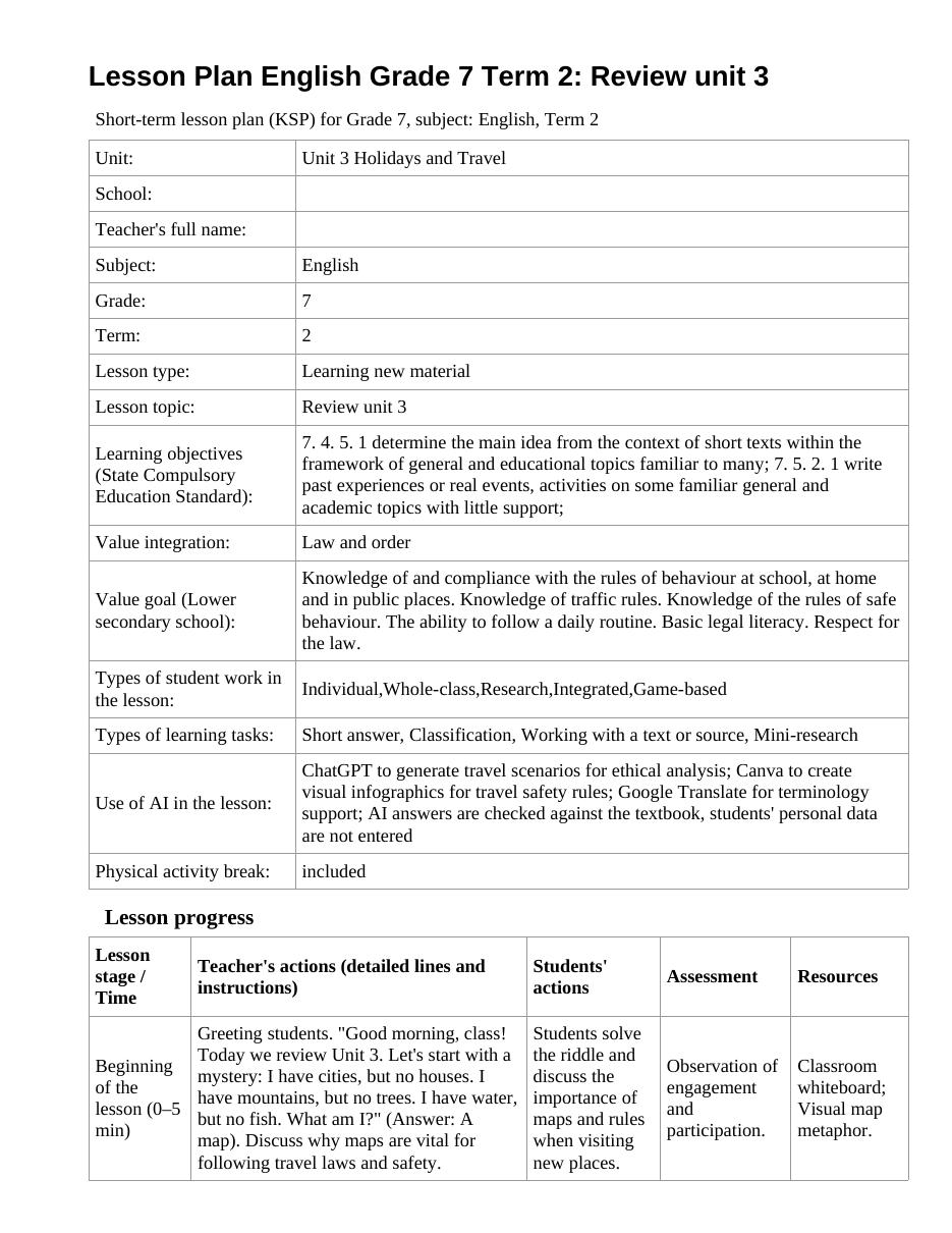 Lesson Plan English Grade 7 Term 2: Review unit 3 (lesson 1)