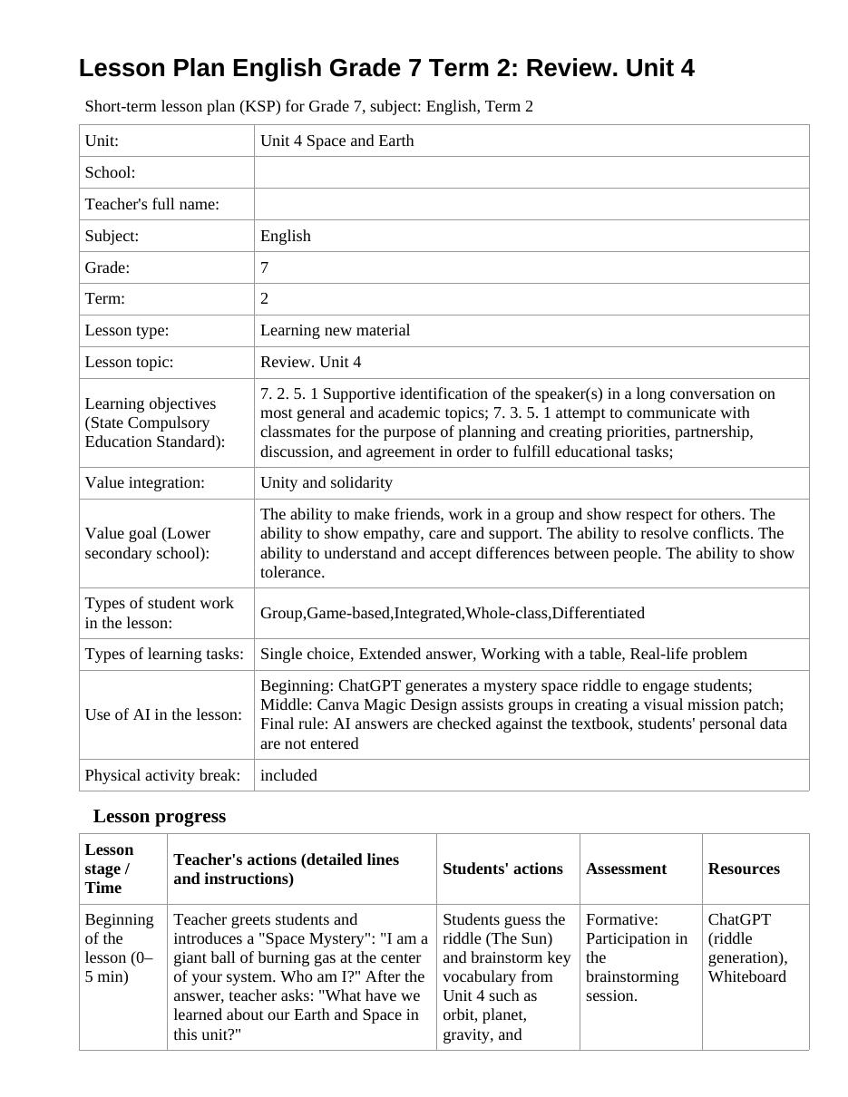 Lesson Plan English Grade 7 Term 2: Review. Unit 4 (lesson 1)