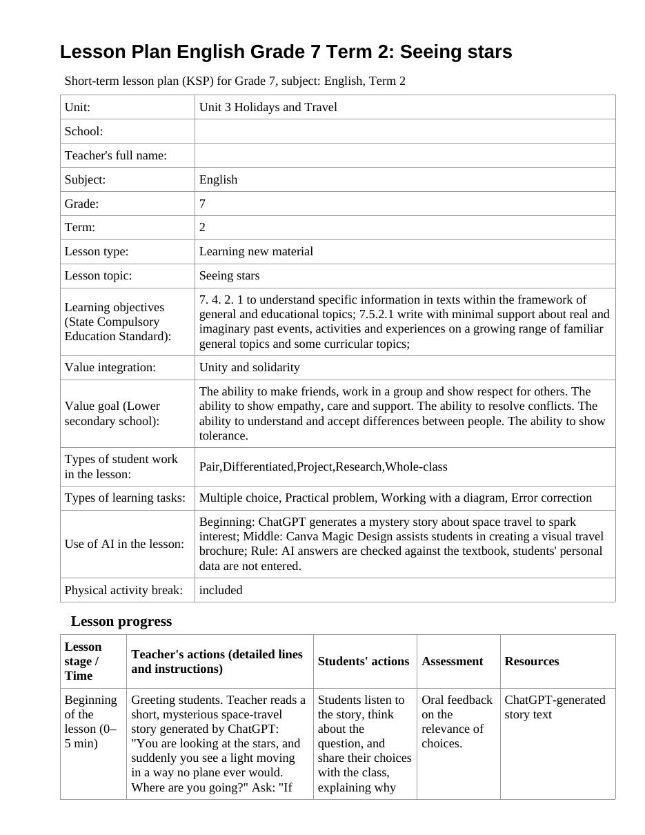 Lesson Plan English Grade 7 Term 2: Seeing stars