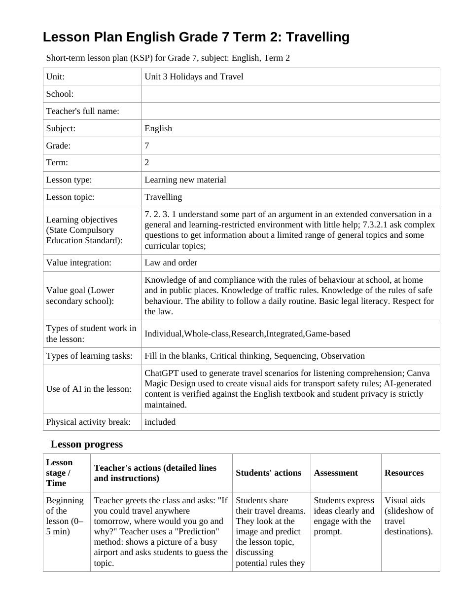 Lesson Plan English Grade 7 Term 2: Travelling