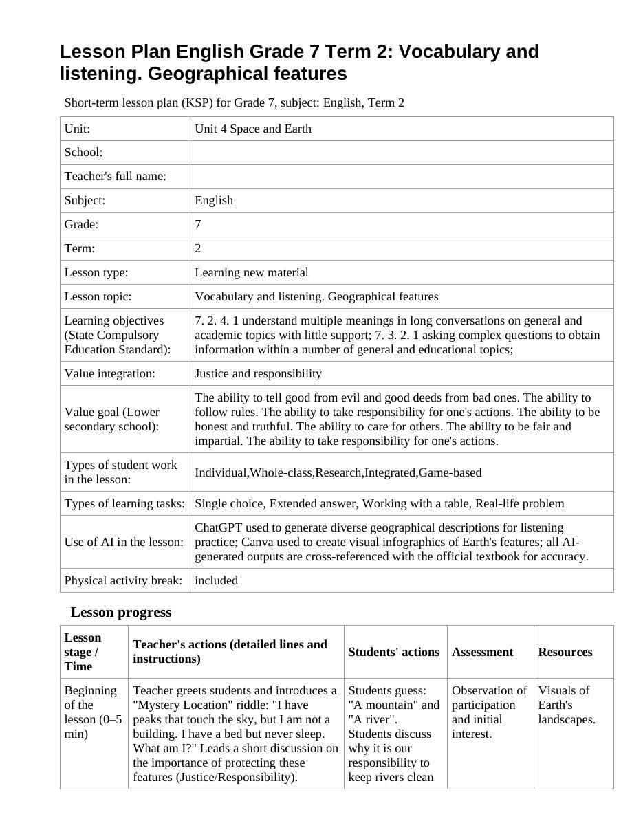 Lesson Plan English Grade 7 Term 2: Vocabulary and listening. Geographical features