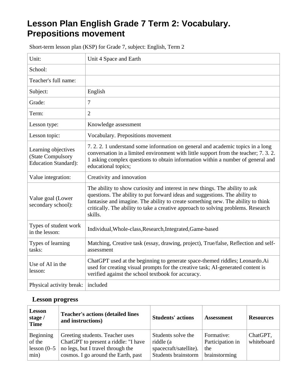 Lesson Plan English Grade 7 Term 2: Vocabulary. Prepositions movement