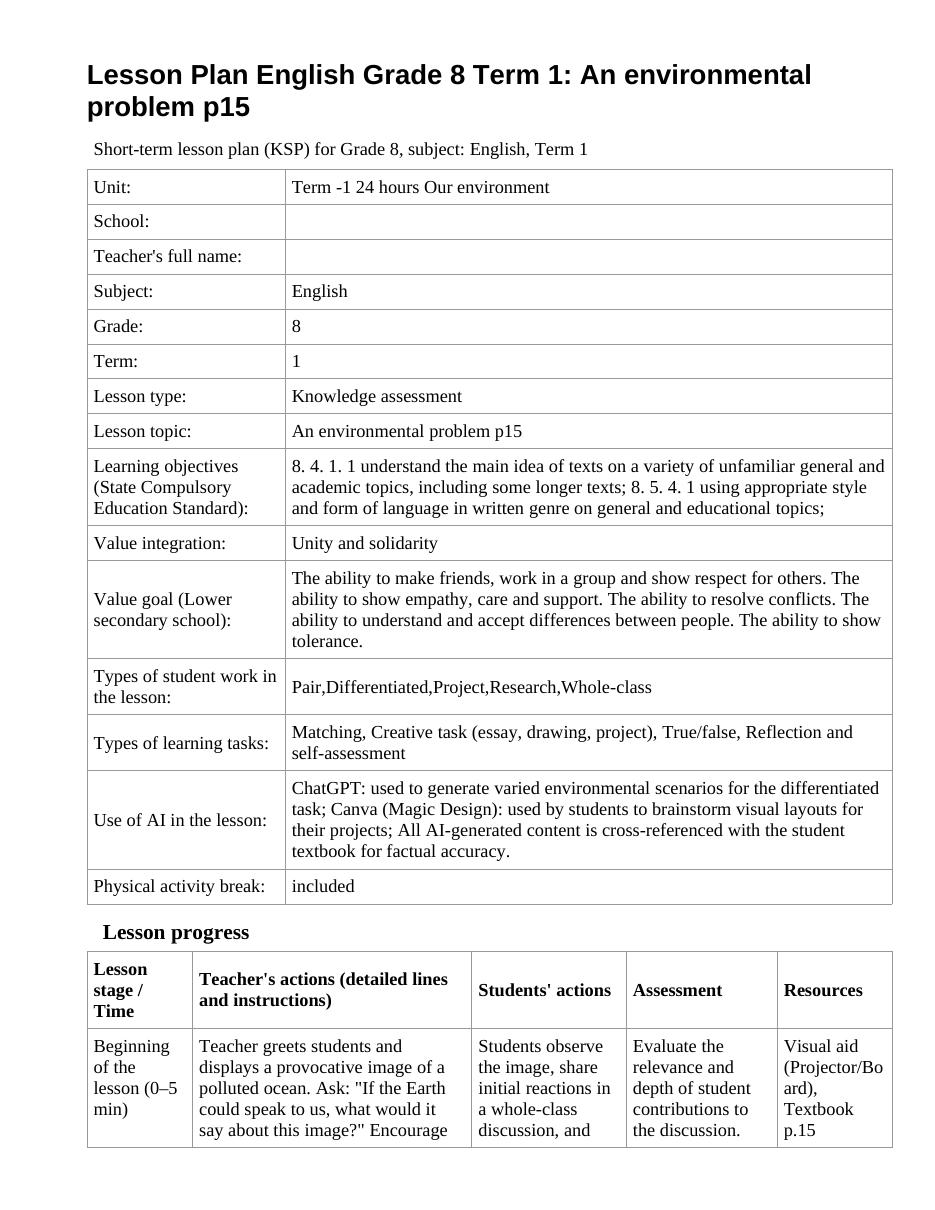 Lesson Plan English Grade 8 Term 1: An environmental problem p15