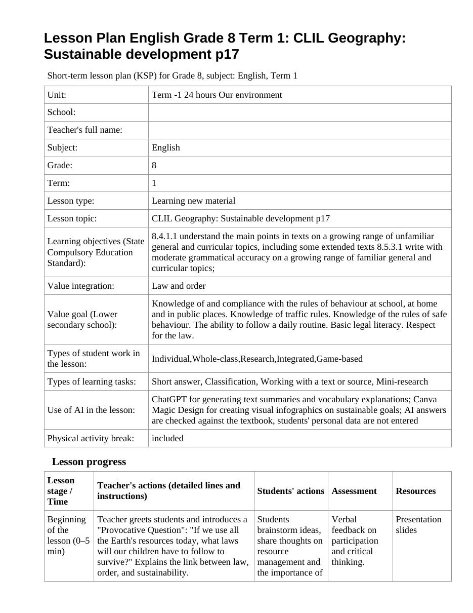 Lesson Plan English Grade 8 Term 1: CLIL Geography: Sustainable development p17