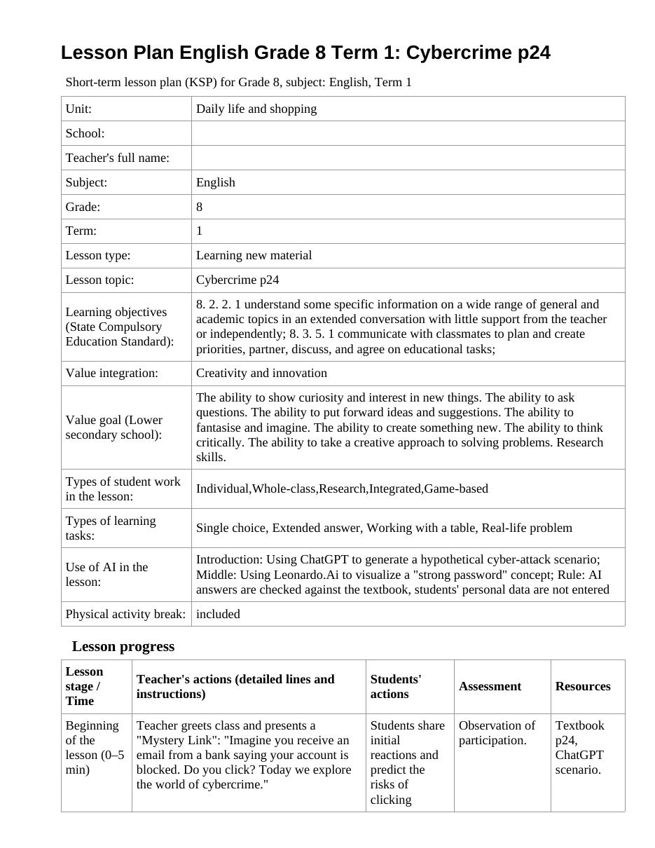 Lesson Plan English Grade 8 Term 1: Cybercrime p24