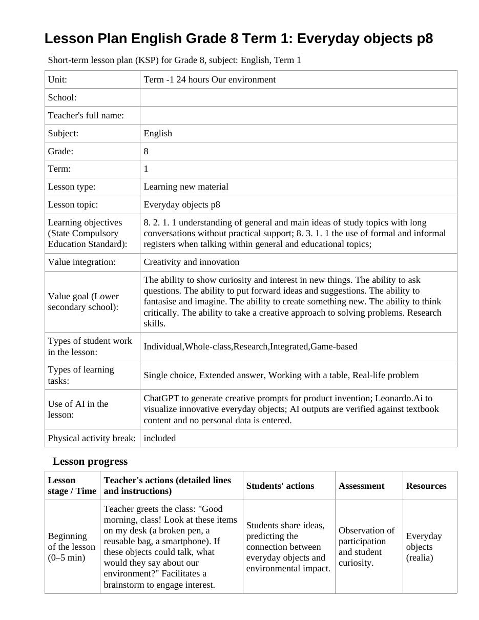 Lesson Plan English Grade 8 Term 1: Everyday objects p8
