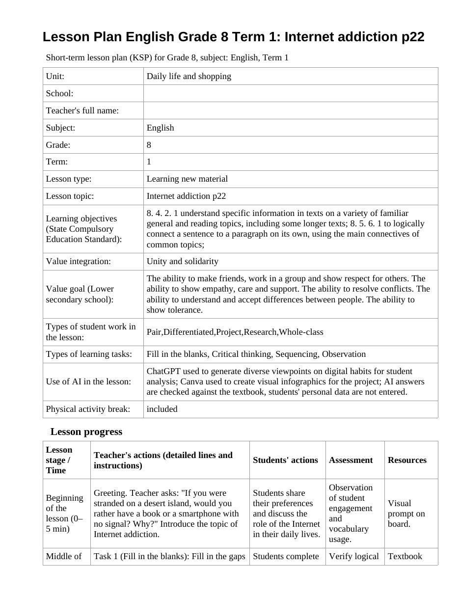 Lesson Plan English Grade 8 Term 1: Internet addiction p22
