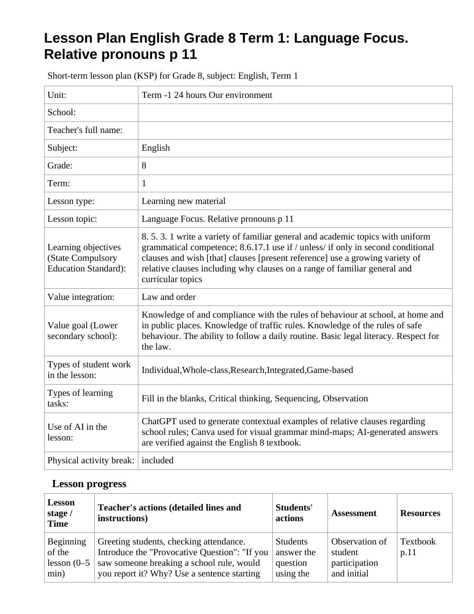 Lesson Plan English Grade 8 Term 1: Language Focus. Relative pronouns p 11