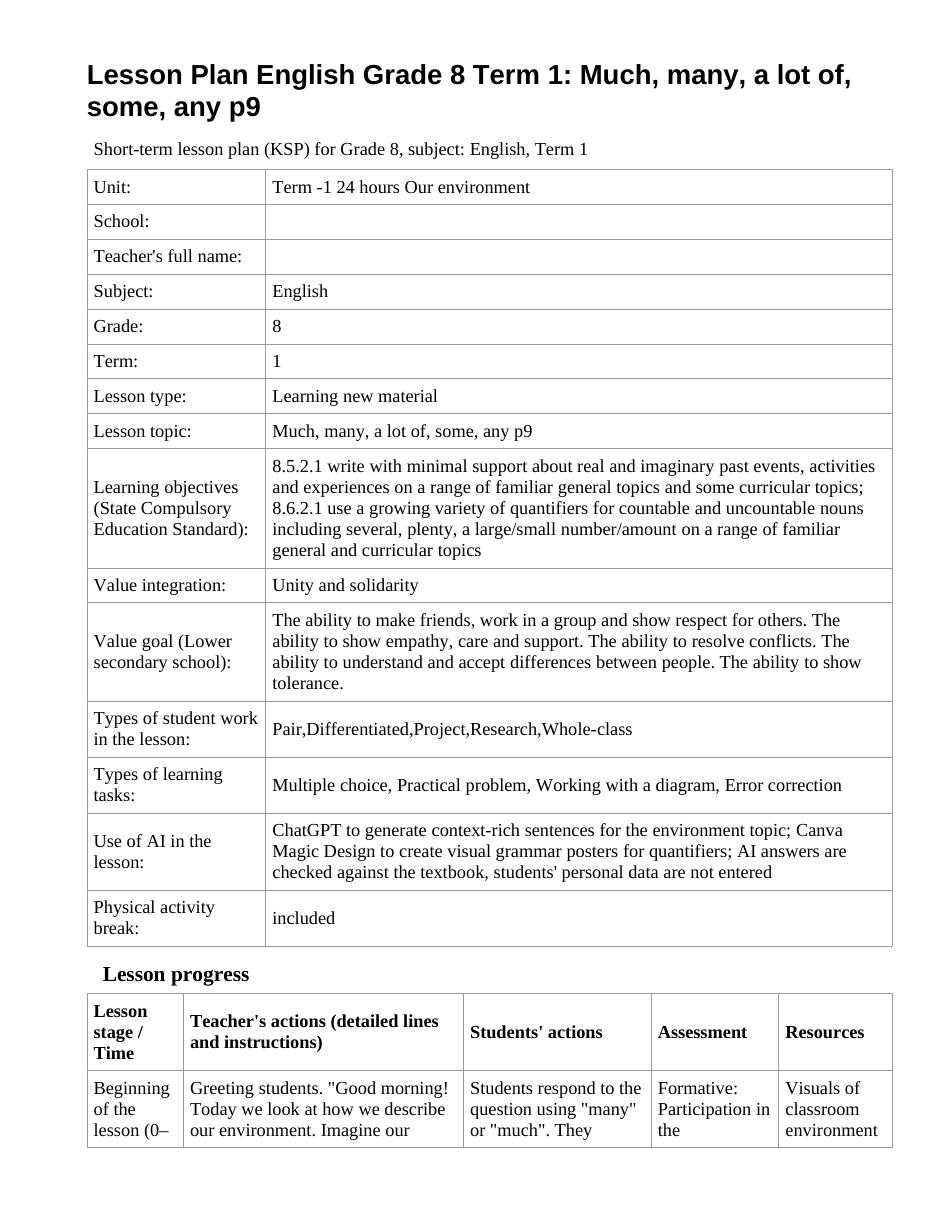 Lesson Plan English Grade 8 Term 1: Much, many, a lot of, some, any p9