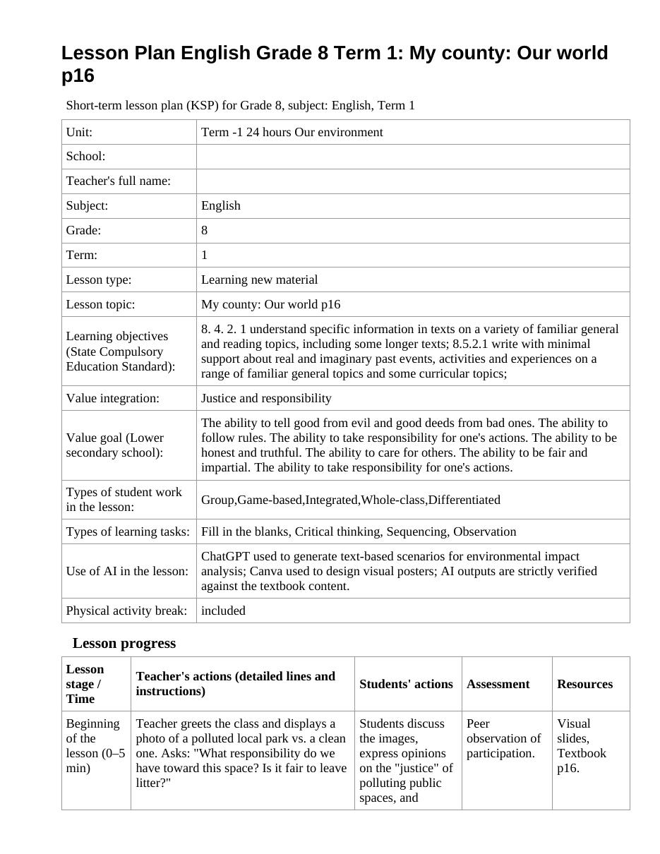 Lesson Plan English Grade 8 Term 1: My county: Our world p16