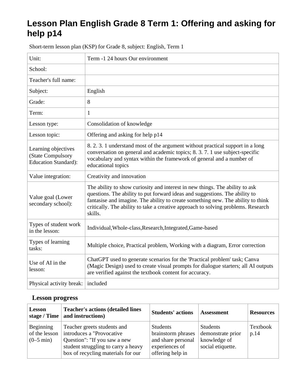 Lesson Plan English Grade 8 Term 1: Offering and asking for help p14