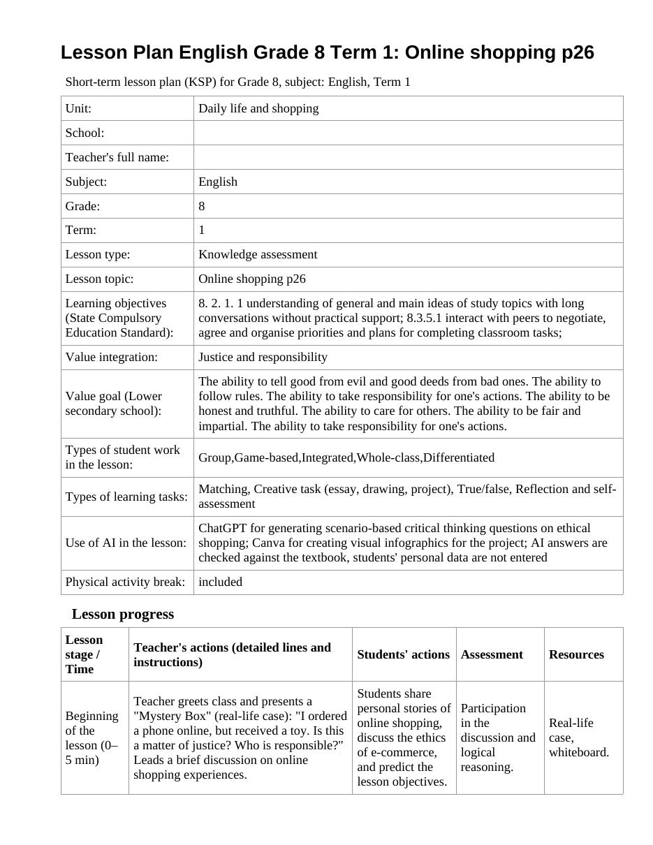 Lesson Plan English Grade 8 Term 1: Online shopping p26