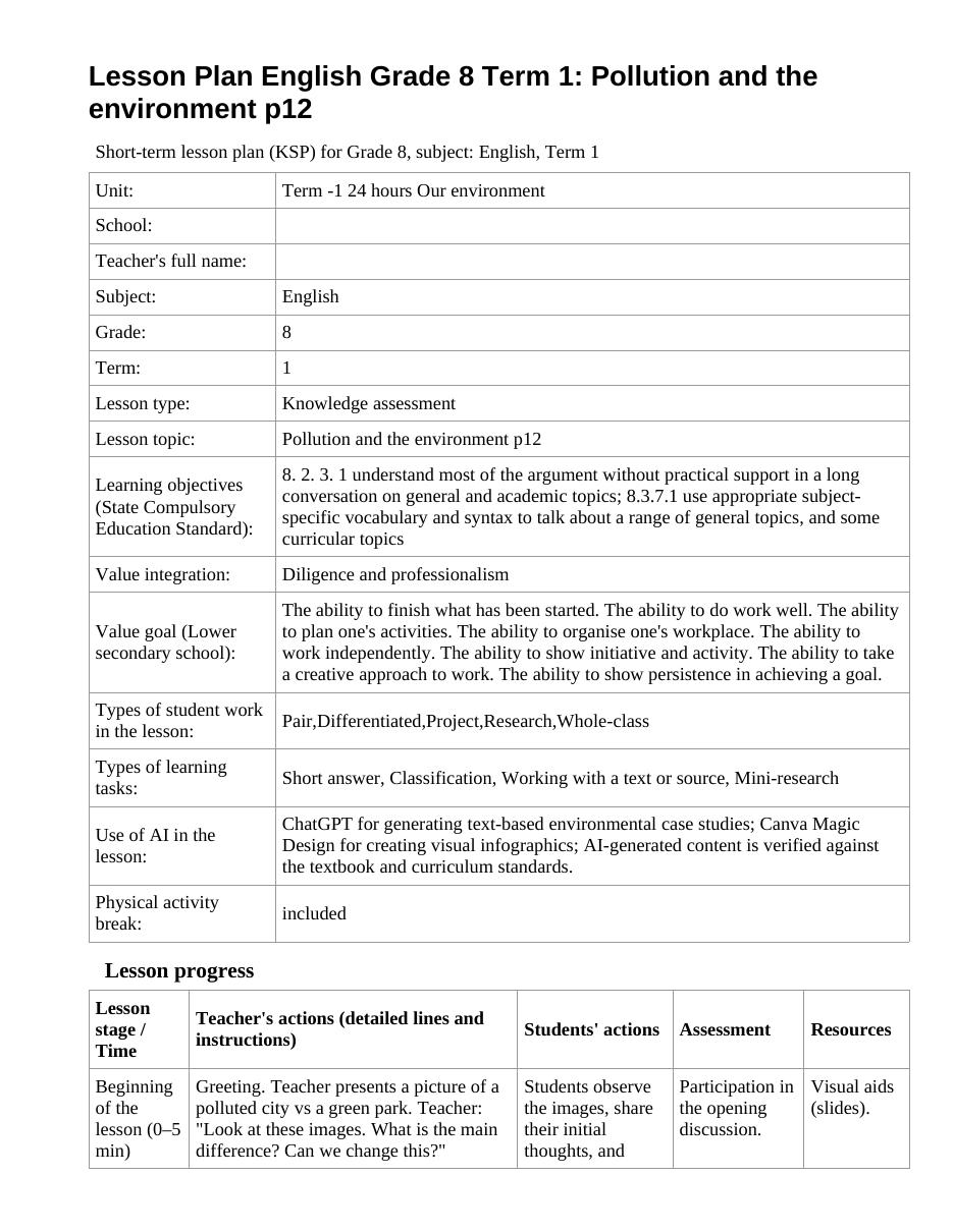 Lesson Plan English Grade 8 Term 1: Pollution and the environment p12