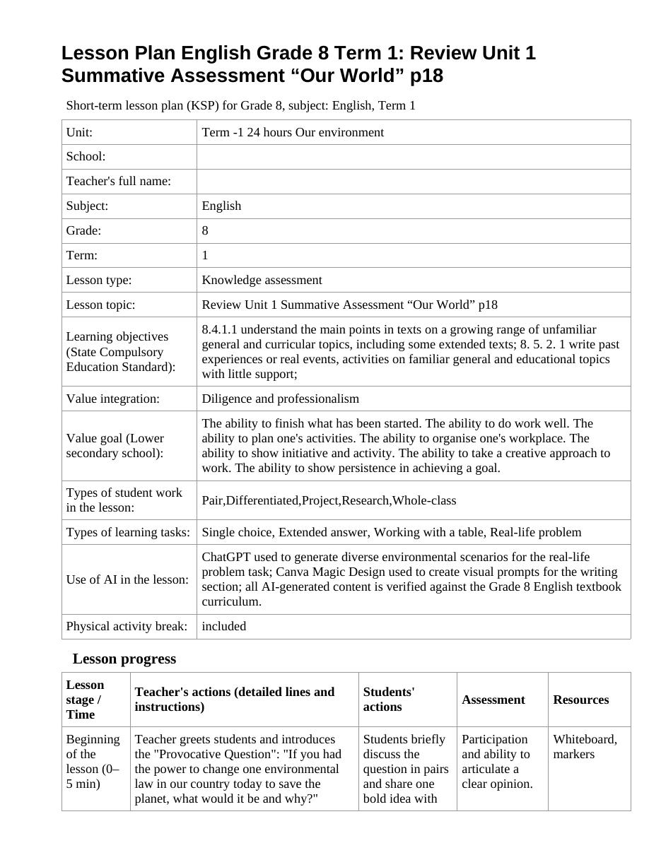 Lesson Plan English Grade 8 Term 1: Review Unit 1 Summative Assessment “Our World” p18