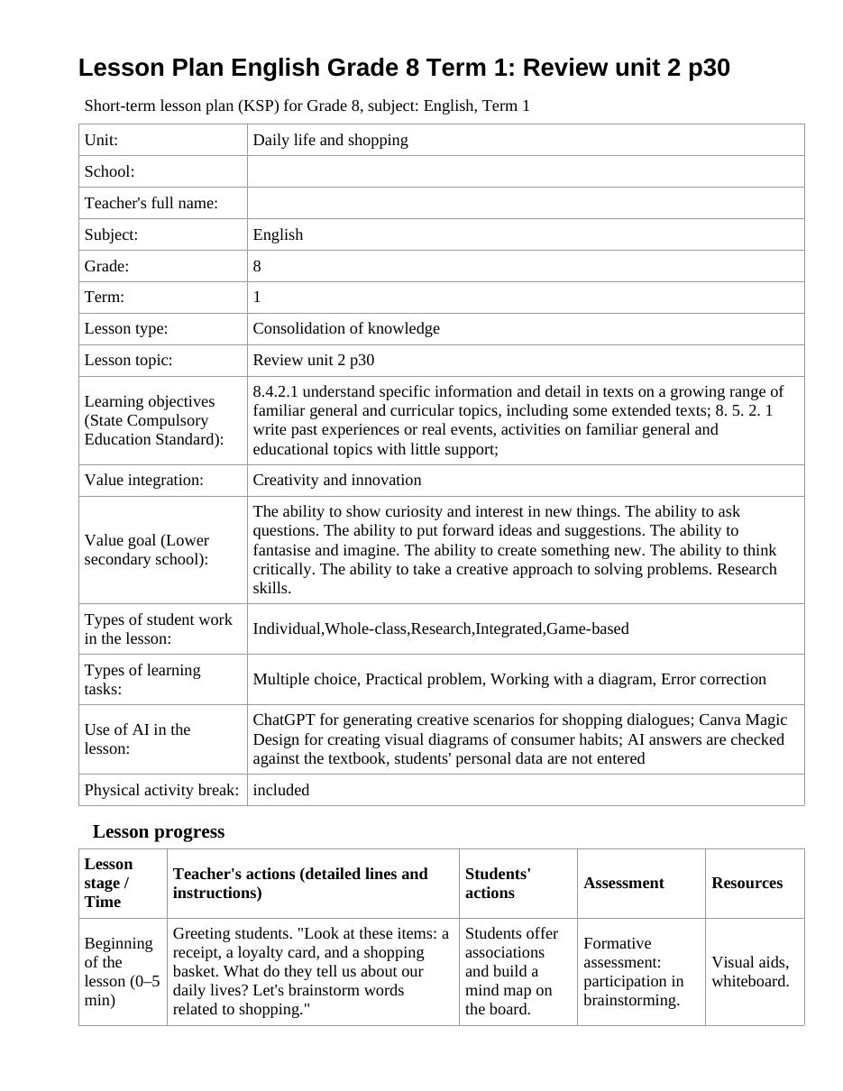 Lesson Plan English Grade 8 Term 1: Review unit 2 p30