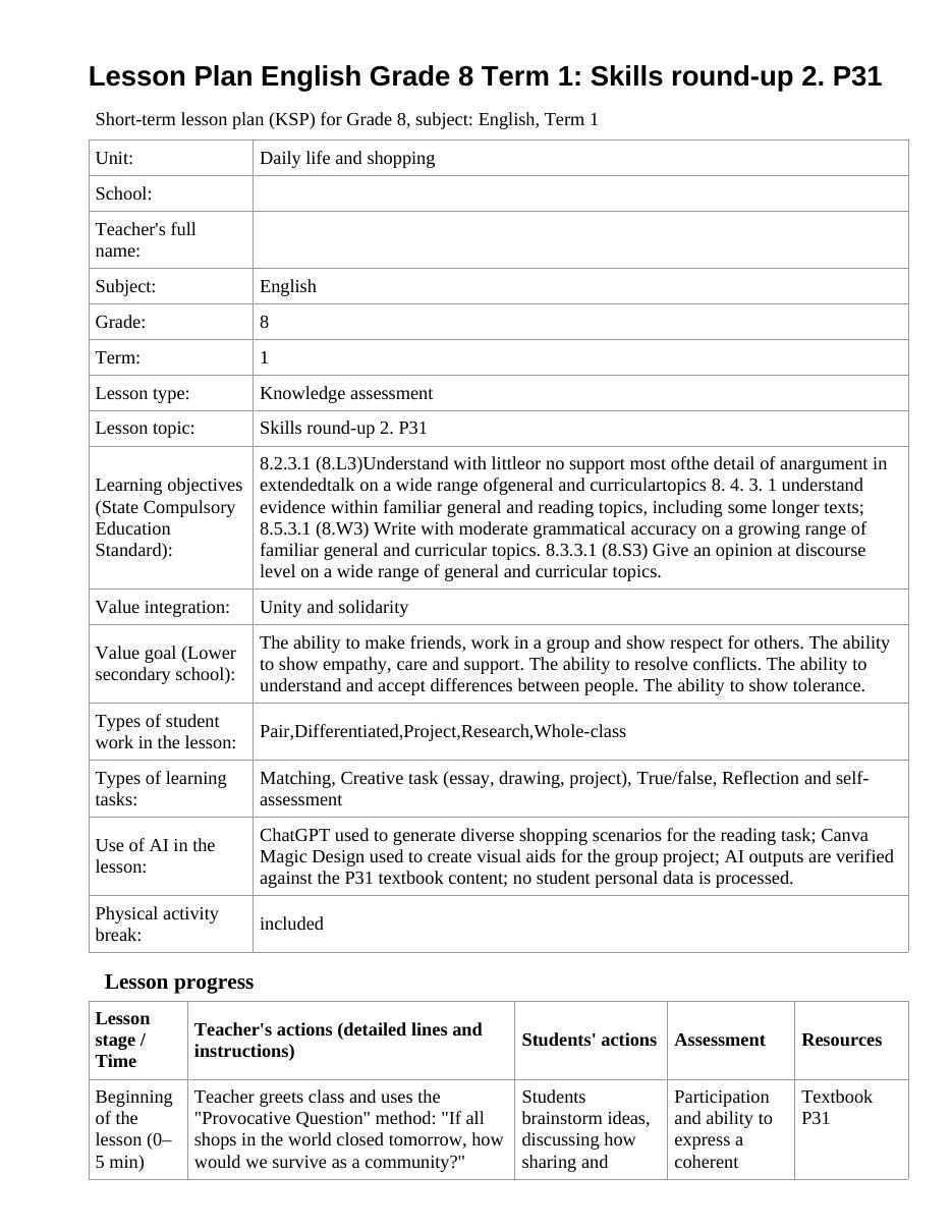Lesson Plan English Grade 8 Term 1: Skills round-up 2. P31