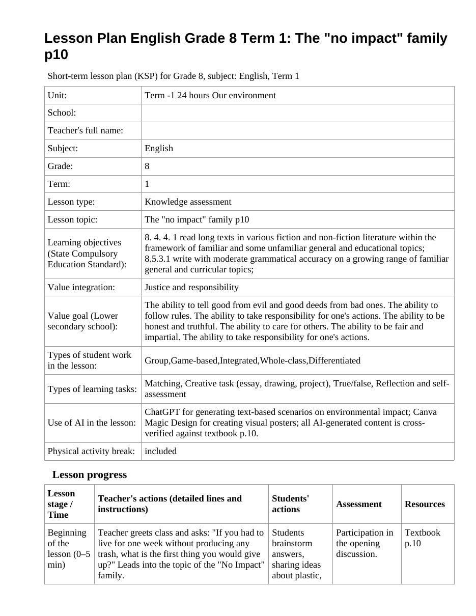 Lesson Plan English Grade 8 Term 1: The "no impact" family p10