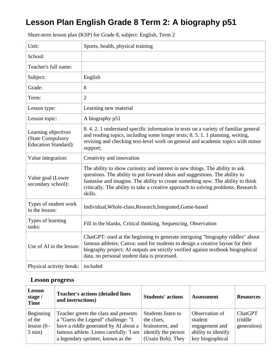 Lesson Plan English Grade 8 Term 2: A biography p51