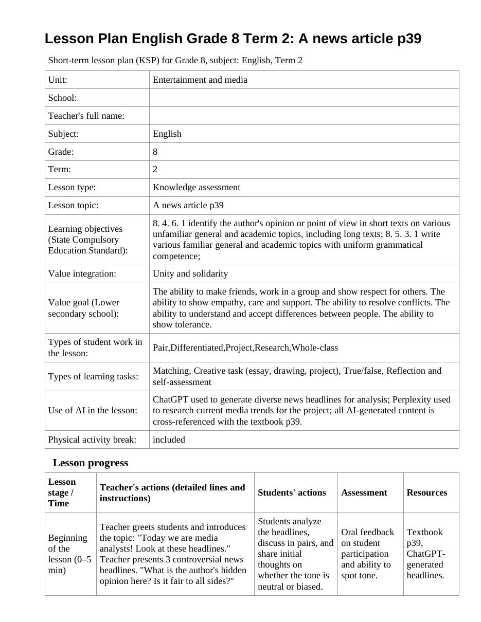 Lesson Plan English Grade 8 Term 2: A news article p39