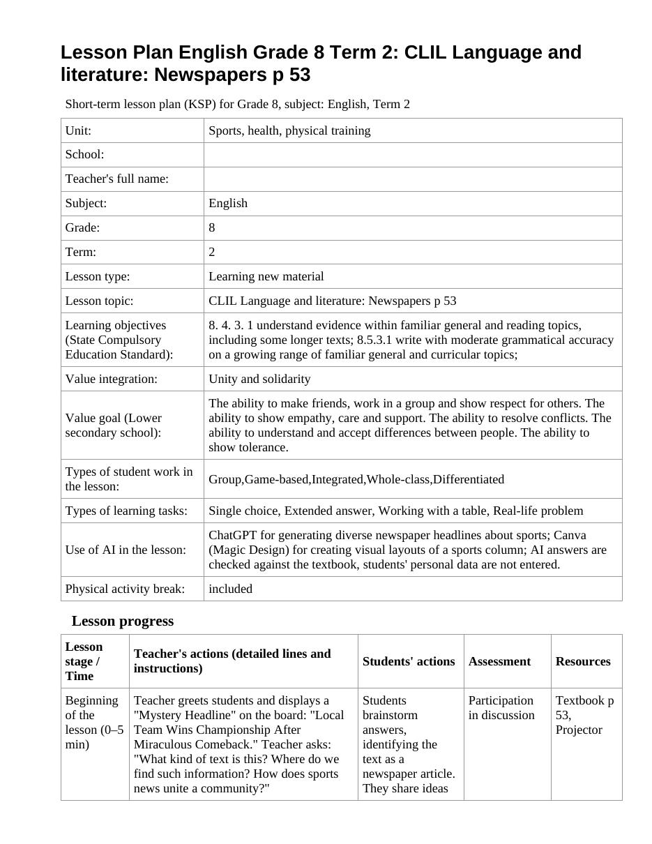 Lesson Plan English Grade 8 Term 2: CLIL Language and literature: Newspapers p 53