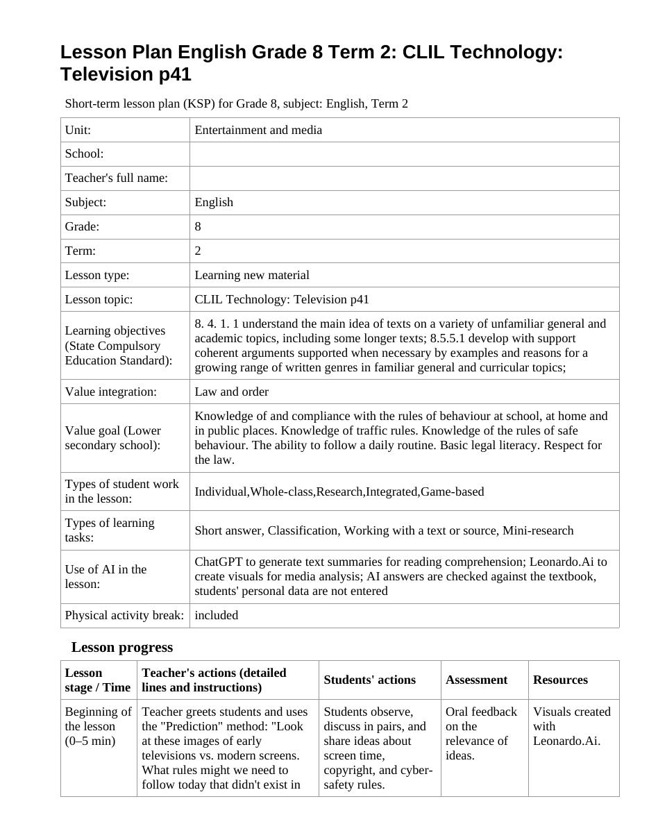 Lesson Plan English Grade 8 Term 2: CLIL Technology: Television p41