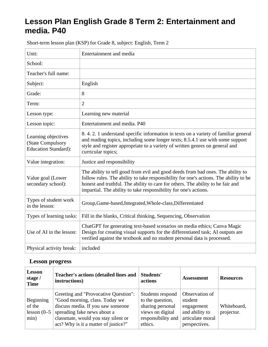 Lesson Plan English Grade 8 Term 2: Entertainment and media. P40
