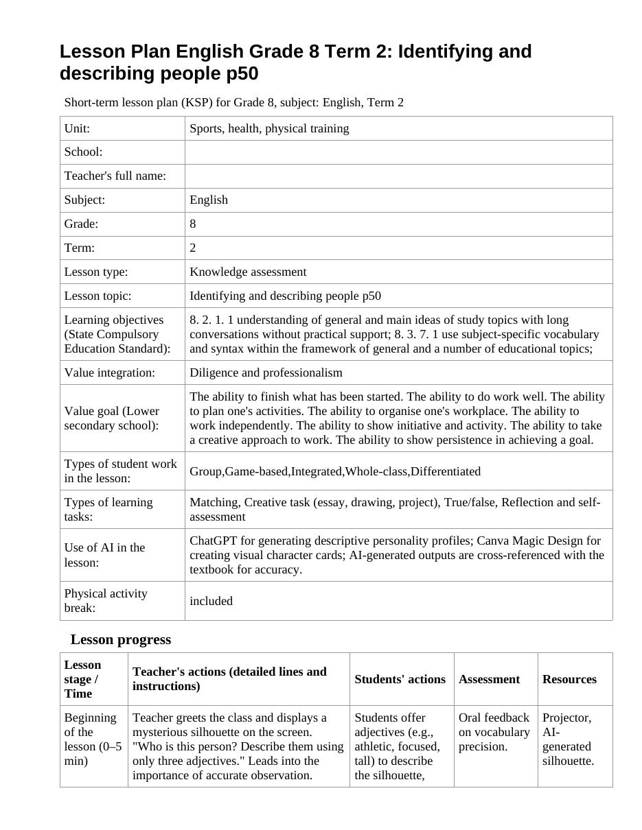 Lesson Plan English Grade 8 Term 2: Identifying and describing people p50
