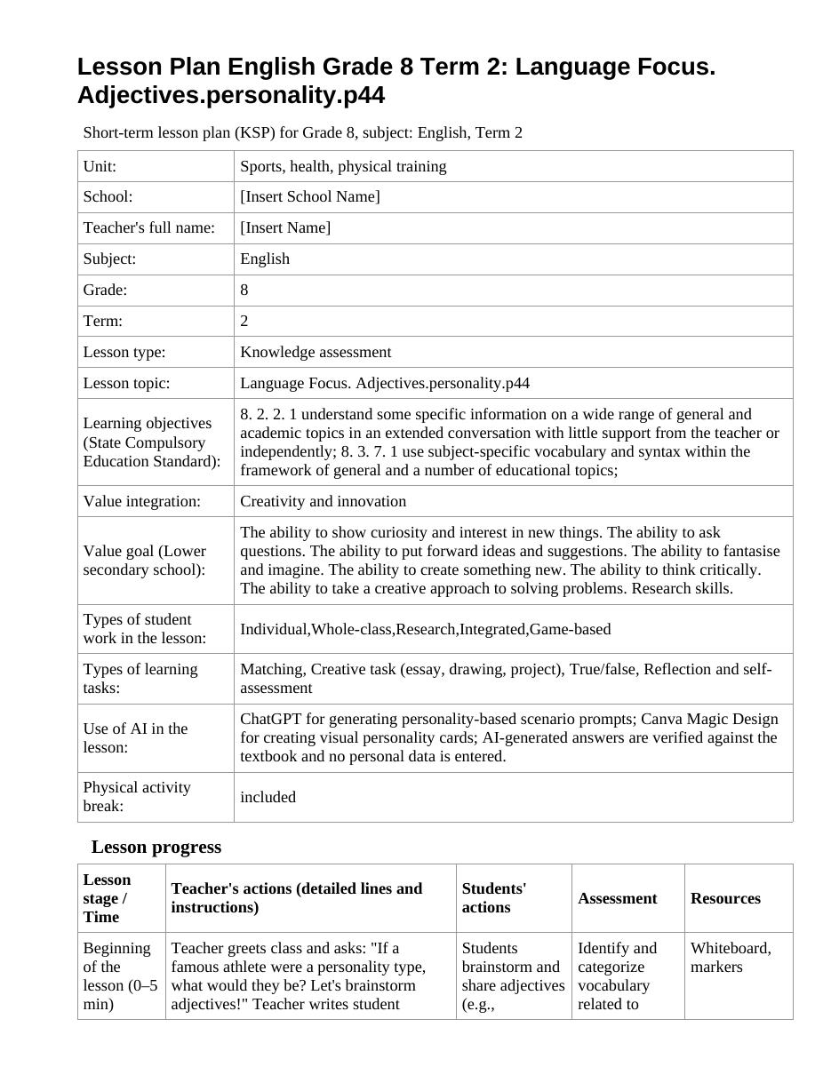 Lesson Plan English Grade 8 Term 2: Language Focus. Adjectives.personality.p44