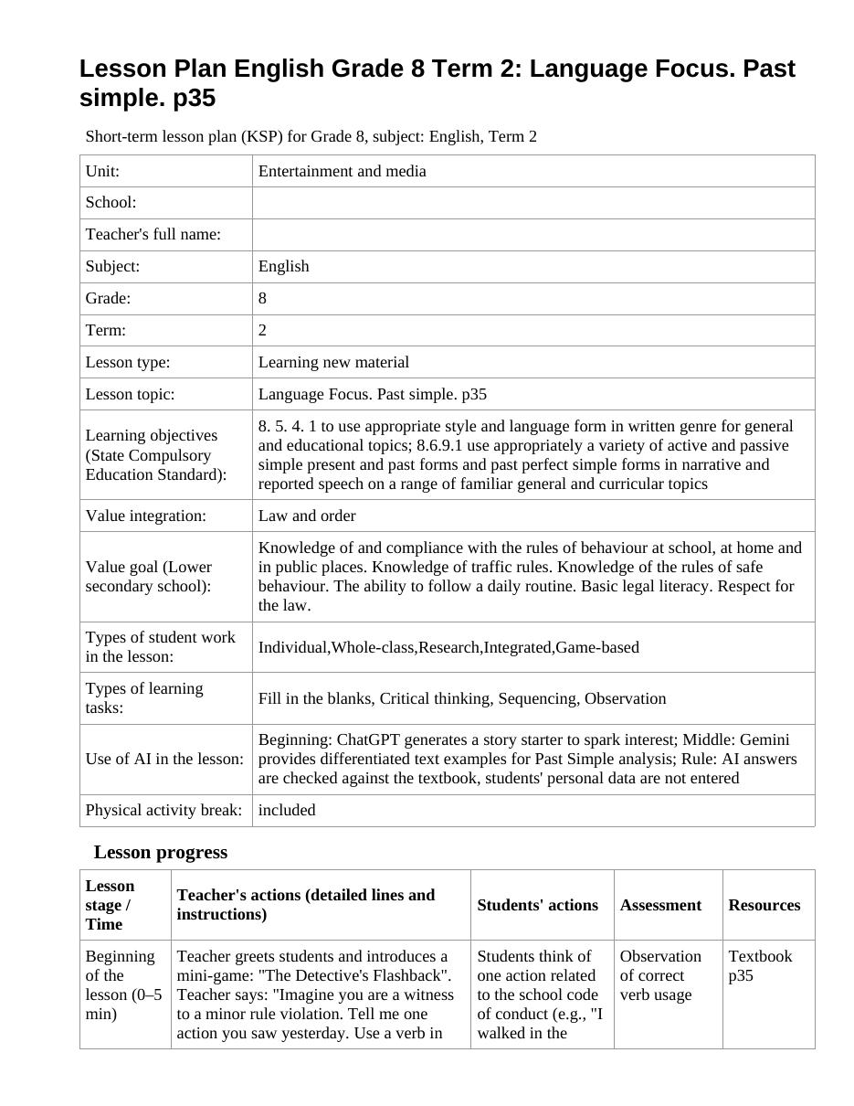 Lesson Plan English Grade 8 Term 2: Language Focus. Past simple. p35 (lesson 1)