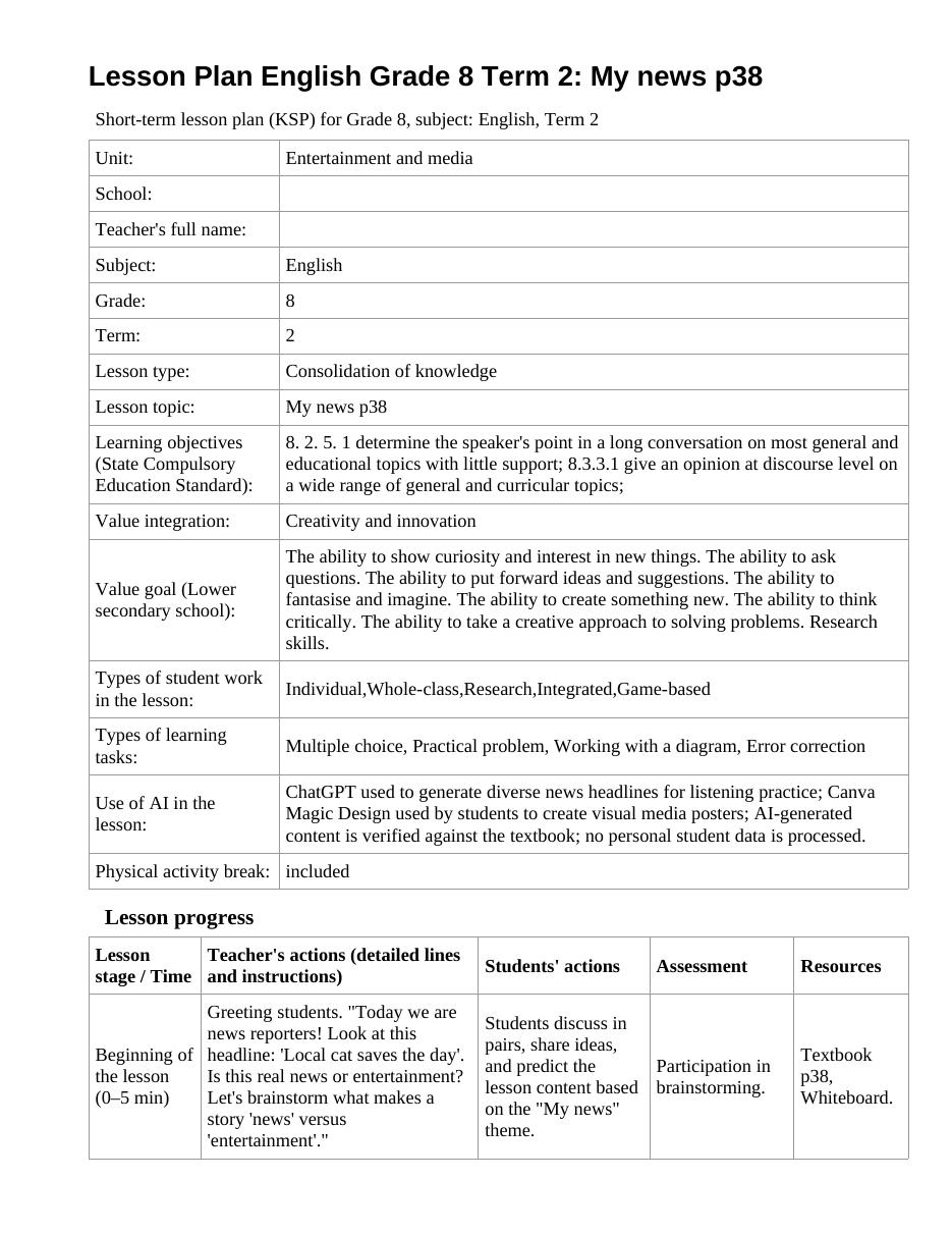 Lesson Plan English Grade 8 Term 2: My news p38