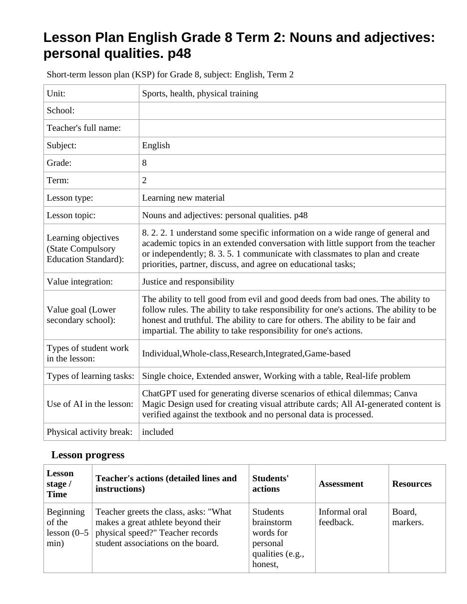 Lesson Plan English Grade 8 Term 2: Nouns and adjectives: personal qualities. p48