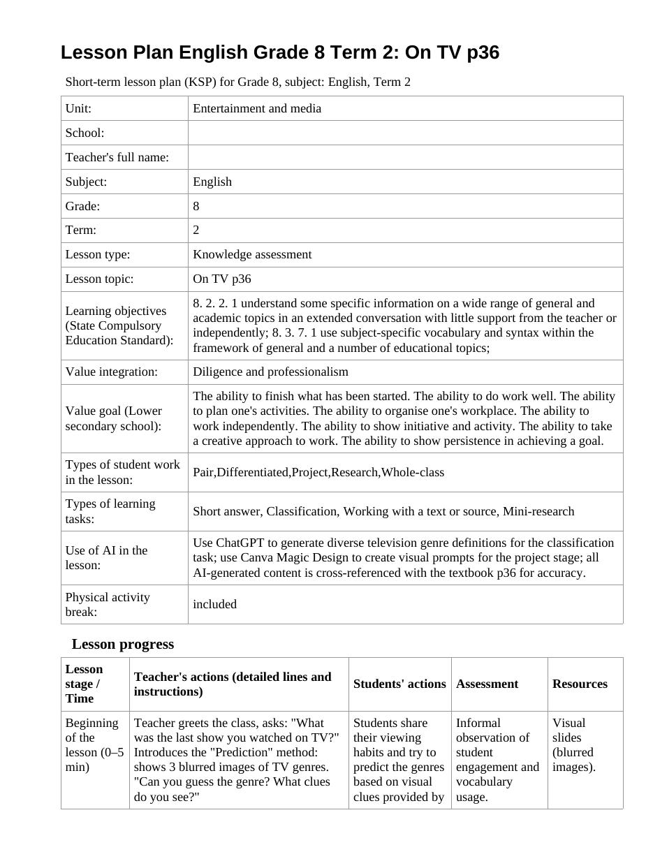 Lesson Plan English Grade 8 Term 2: On TV p36 (lesson 1)
