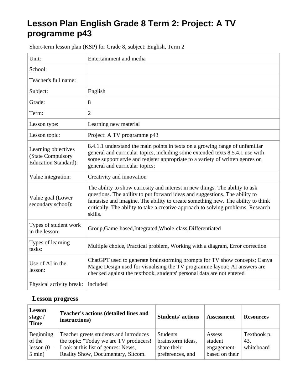 Lesson Plan English Grade 8 Term 2: Project: A TV programme p43