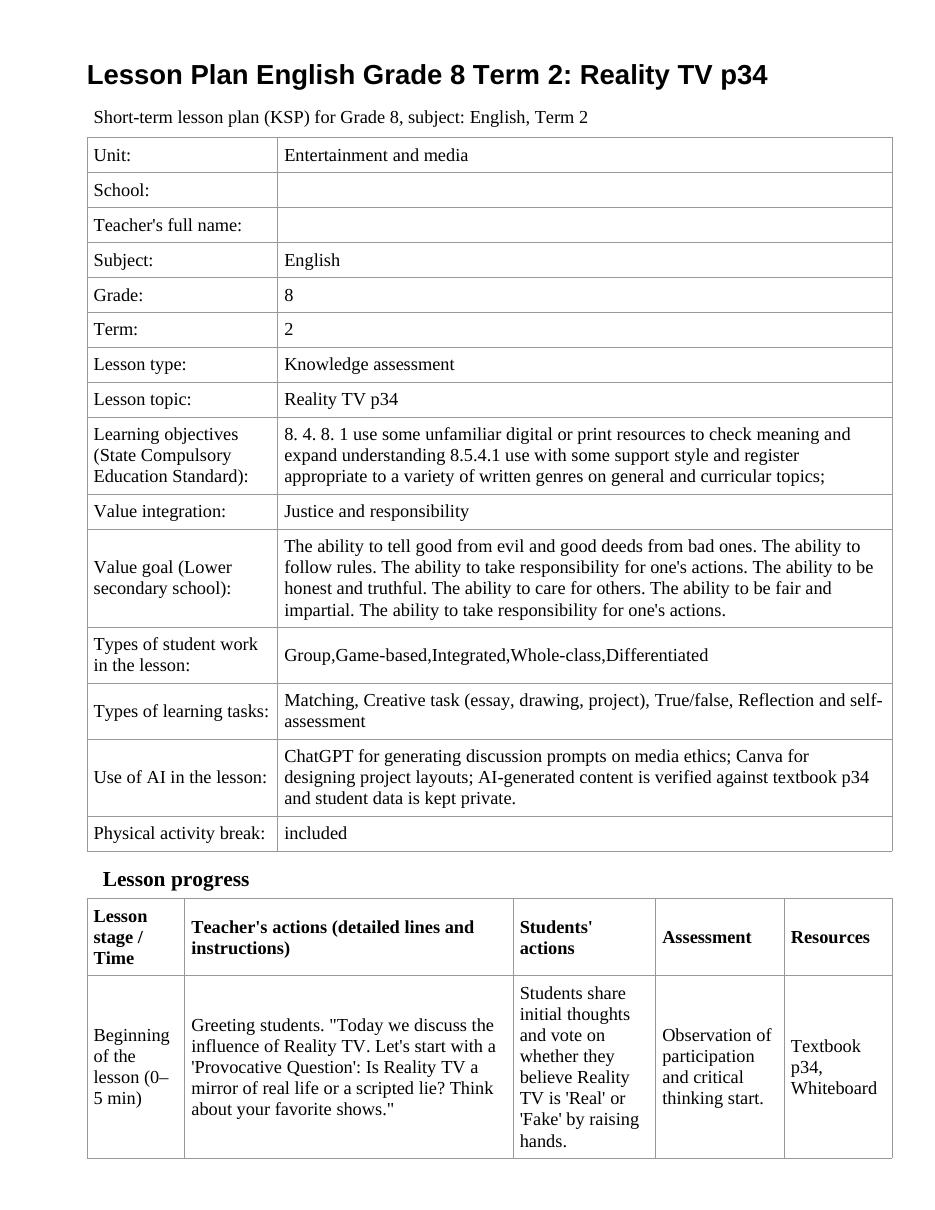 Lesson Plan English Grade 8 Term 2: Reality TV p34 (lesson 1)