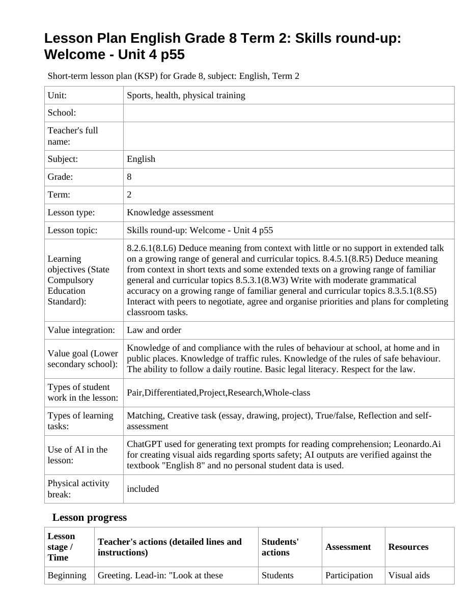 Lesson Plan English Grade 8 Term 2: Skills round-up: Welcome - Unit 4 p55