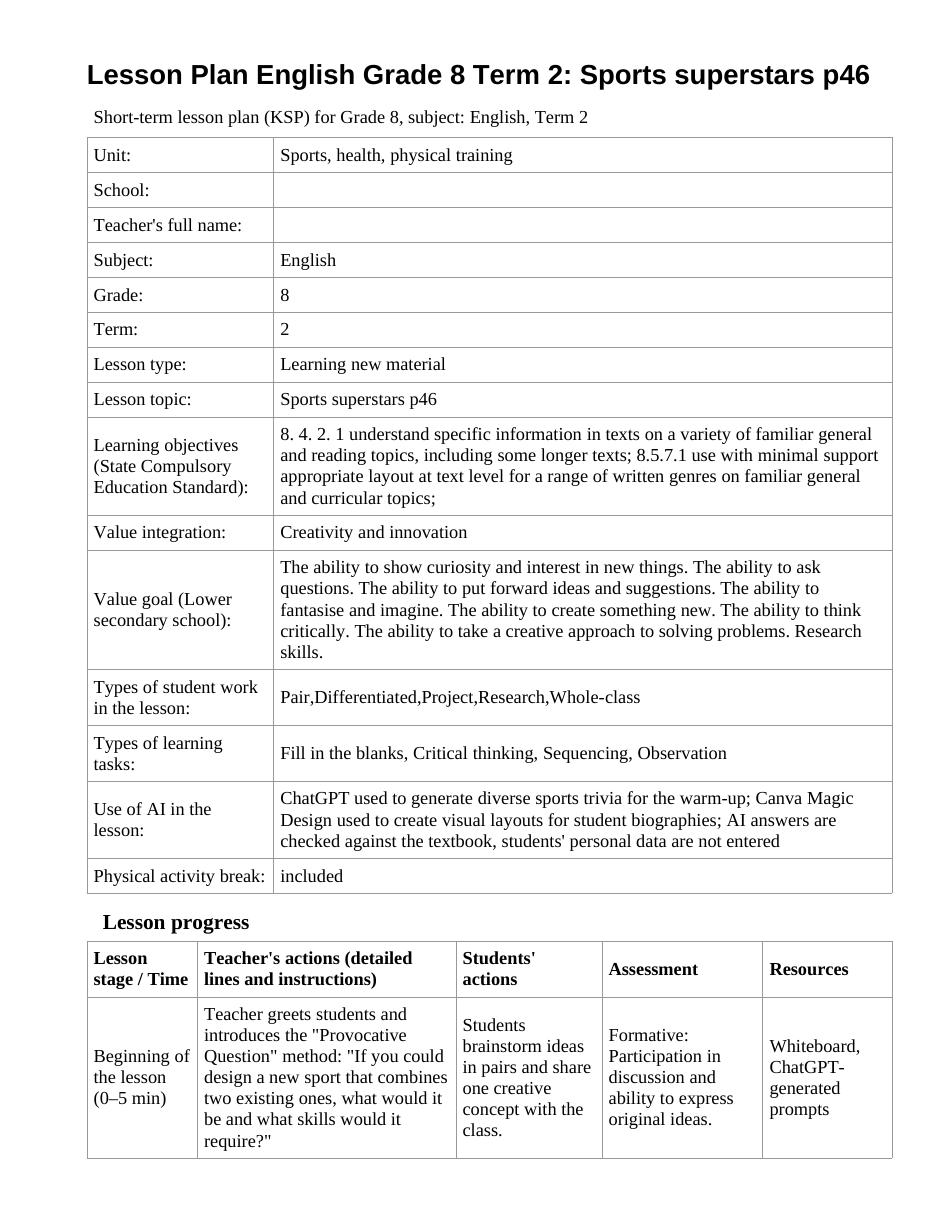 Lesson Plan English Grade 8 Term 2: Sports superstars p46