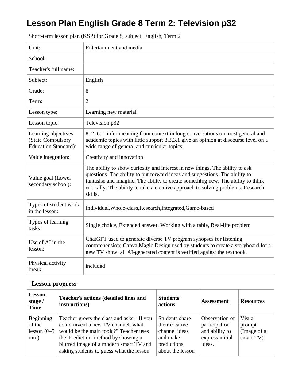 Lesson Plan English Grade 8 Term 2: Television p32 (lesson 1)