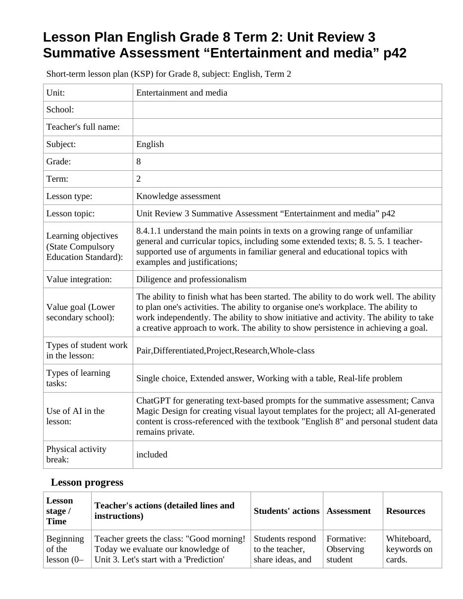 Lesson Plan English Grade 8 Term 2: Unit Review 3 Summative Assessment “Entertainment and media” p42