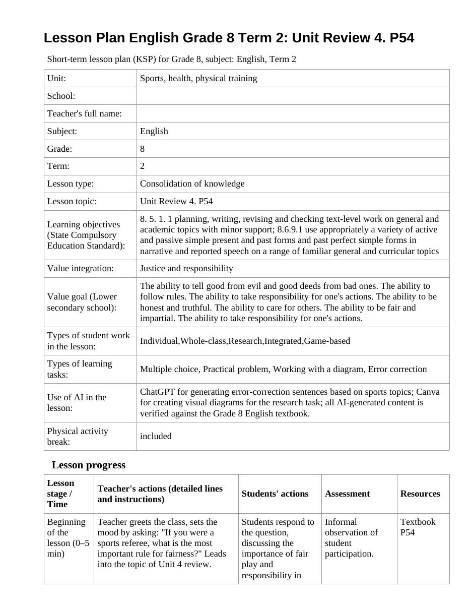 Lesson Plan English Grade 8 Term 2: Unit Review 4. P54