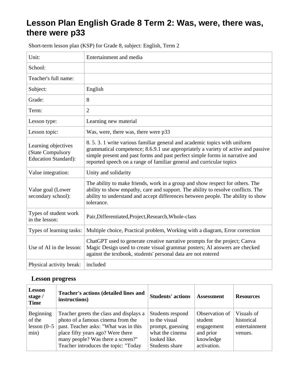 Lesson Plan English Grade 8 Term 2: Was, were, there was, there were p33 (lesson 1)
