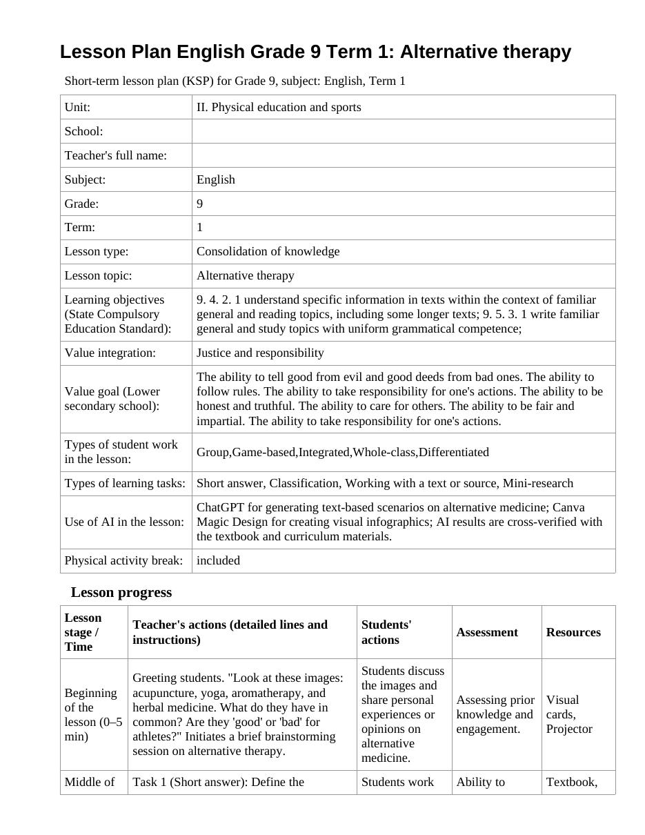 Lesson Plan English Grade 9 Term 1: Alternative therapy