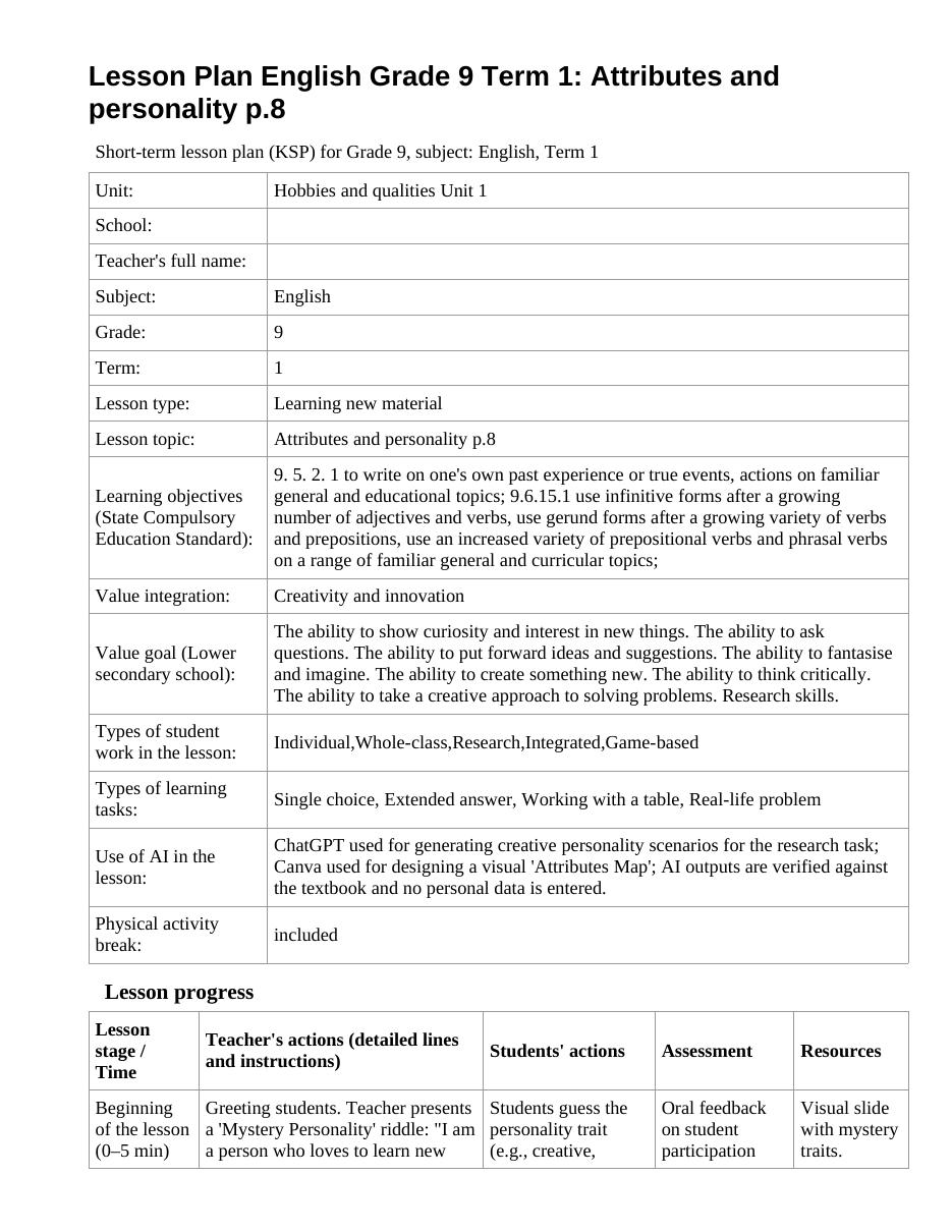 Lesson Plan English Grade 9 Term 1: Attributes and personality p.8